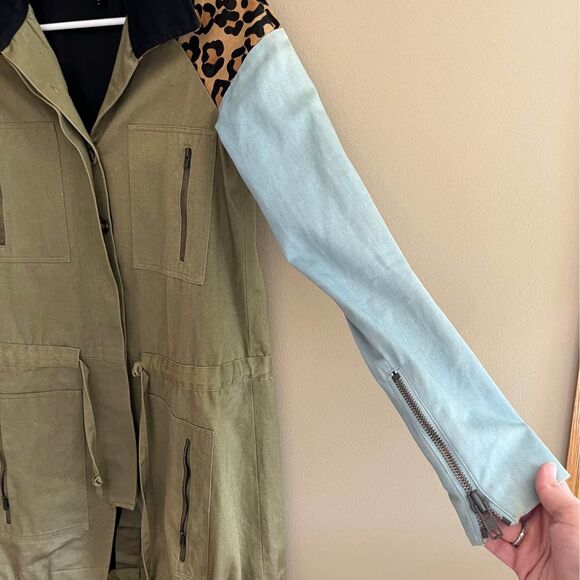 KSubi Green, Denim, & Leopard Leather Jacket / Trench Coat size XS - Picture 5 of 10